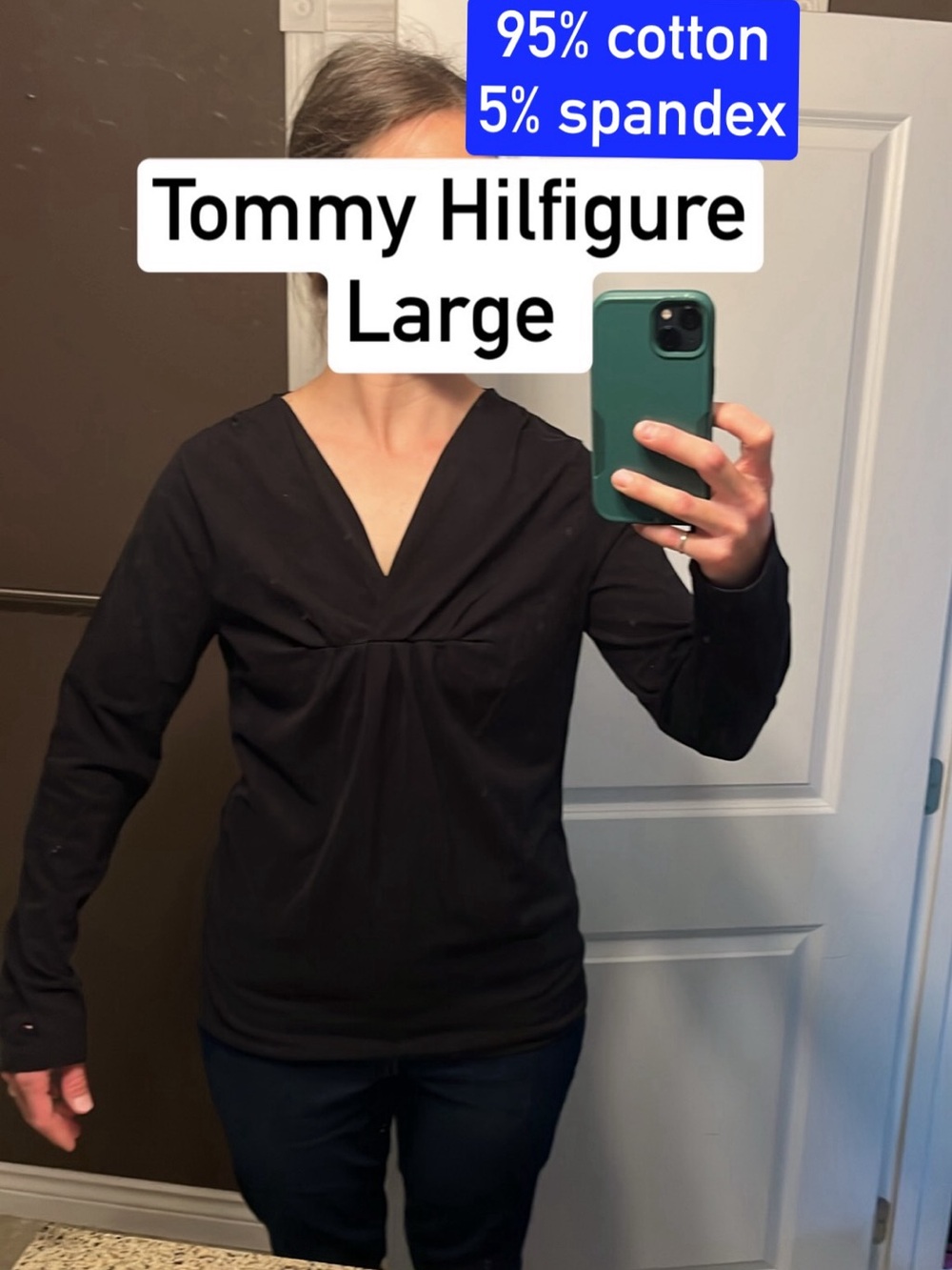 Tommy Hilfiger Black V-Neck Long Sleeve Top. Ruched bust detail. Women's large